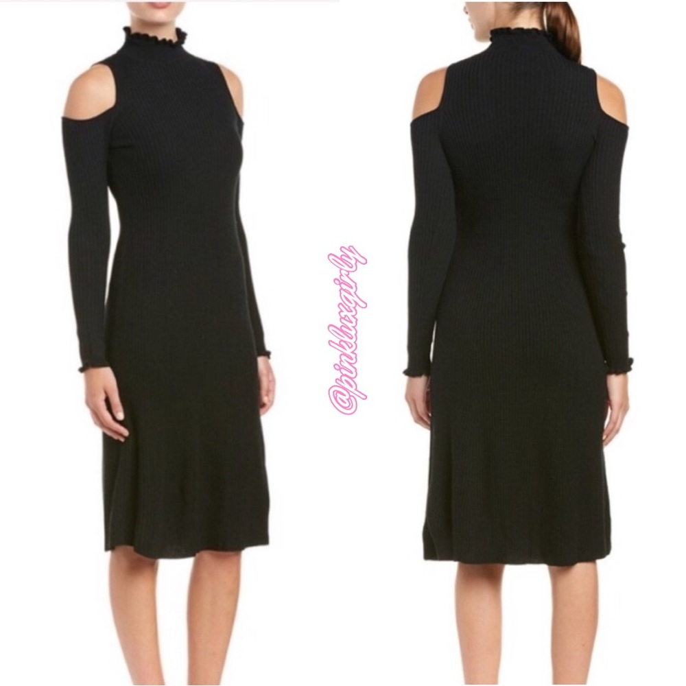 Rebecca Taylor Black Cold-Shoulder Ribbed Midi Dress